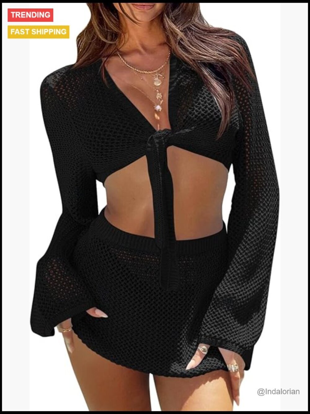 Crochet Swimsuit Coverup 2 Piece Set Long Sleeve Tie Front Crop Top Mini Skirt